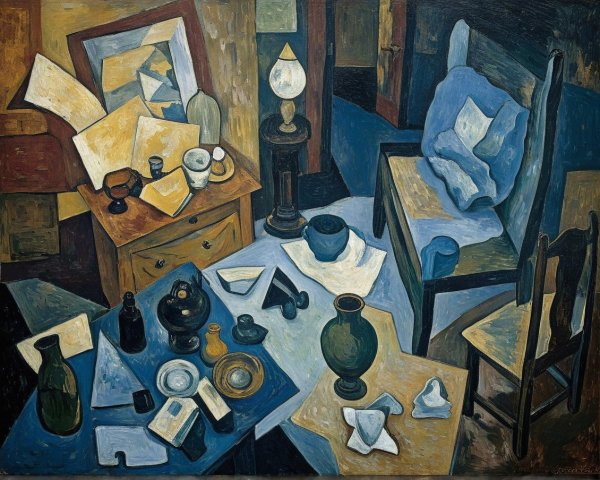 Cubist Still Life with Bottles and Objects on Table