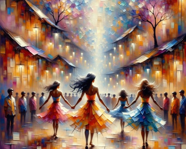 Ethereal Figures in Colorful Dresses on Vibrant Street