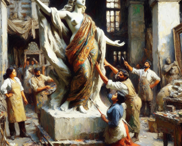 Marble Statue Surrounded by Artisans in Studio