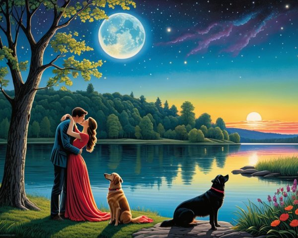 Romantic Lake Scene at Sunset with Embracing Couple