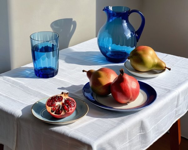 Bright Tabletop Scene with Pears and Pomegranate