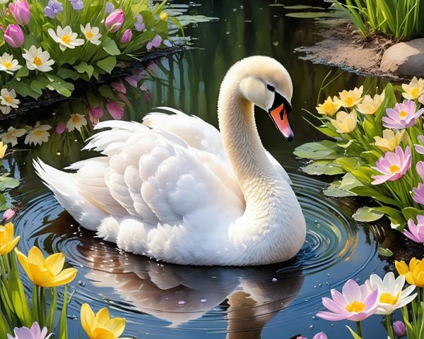 White Swan Gliding on a Tranquil Pond with Flowers