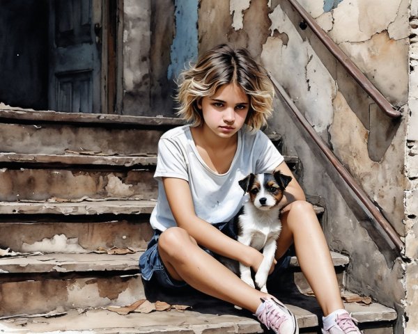Blonde Girl with Puppy on Stone Staircase in Watercolor