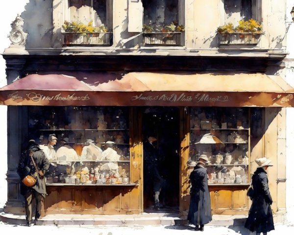 Vintage Shop Facade with Colorful Jars and Flowers