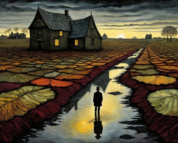 Surreal Landscape with Reflective Puddle and Lily Pads