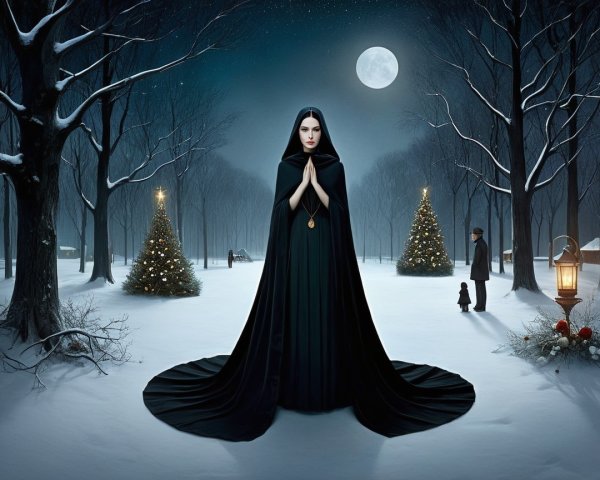 Snowy Landscape with Cloaked Woman and Christmas Trees