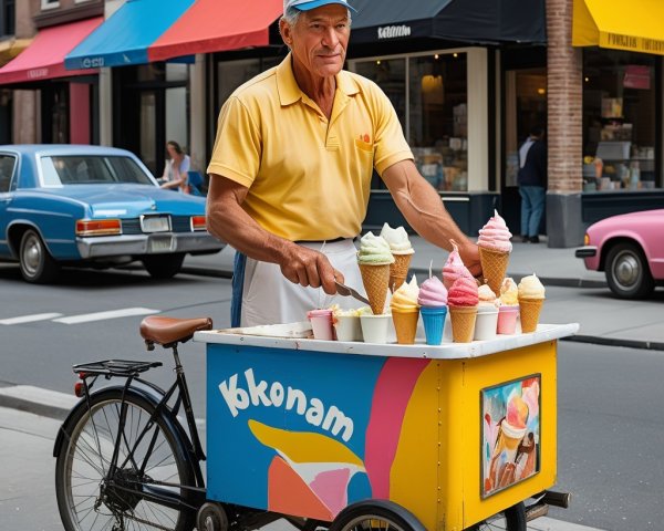 Cheerful Ice Cream Vendor with Colorful Tricycle Cart