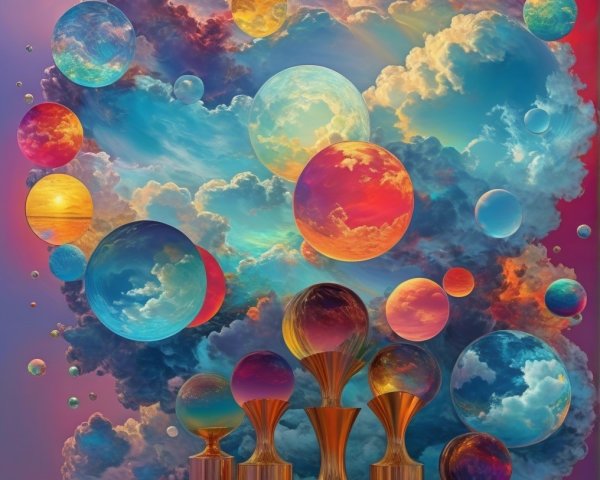 Surreal Landscape with Colorful Clouds and Vases