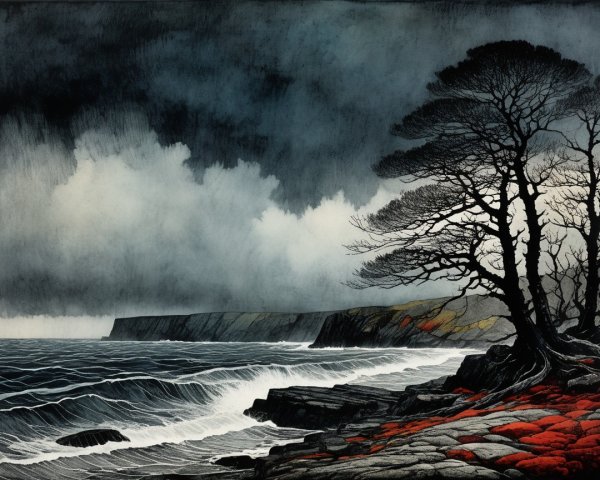 Dramatic Coastal Scene with Stormy Sky and Cliffs