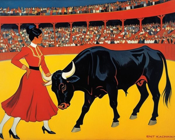 Bullfighter in Red Dress with Black Bull in Bullring