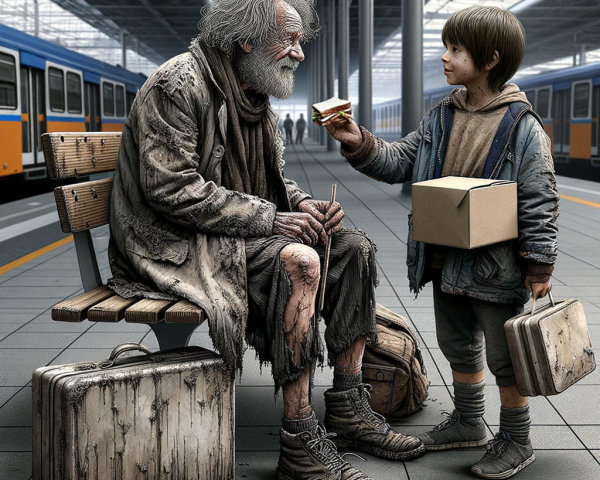 Elderly Man and Young Boy Share Moment at Train Station