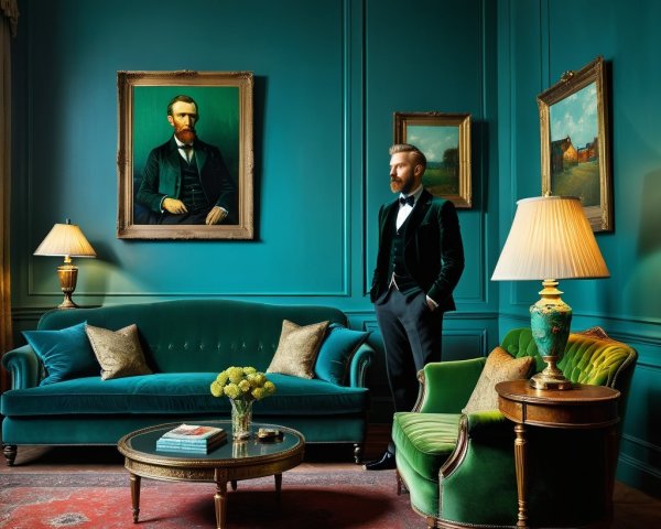 Teal-Walled Room with Elegant Furnishings and Lighting