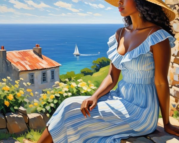 Woman in Blue Dress by Serene Coastal Scene