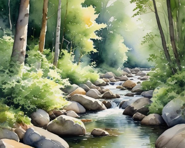 Tranquil forest scene with a shimmering stream