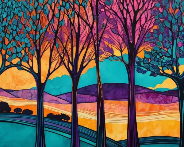 Vibrant Abstract Landscape with Colorful Trees and Hills