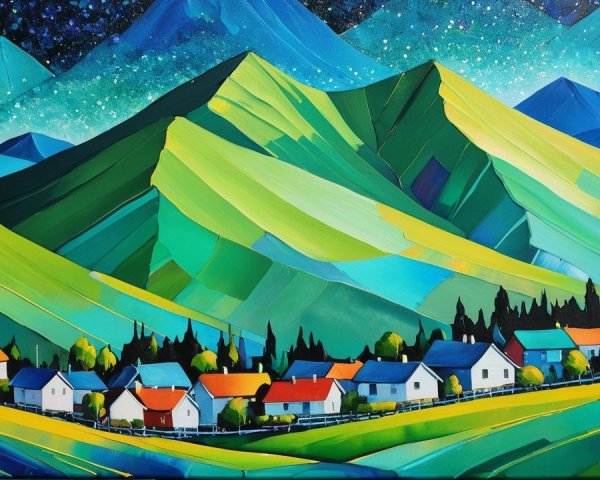 Vibrant Landscape with Starry Sky and Quaint Village