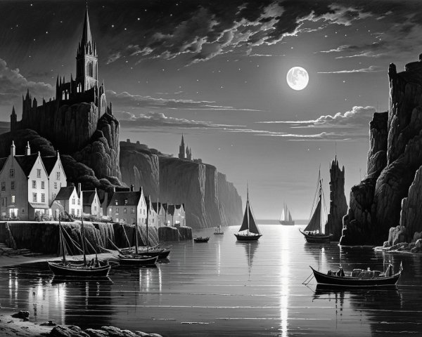 Black and white coastal village landscape with castle