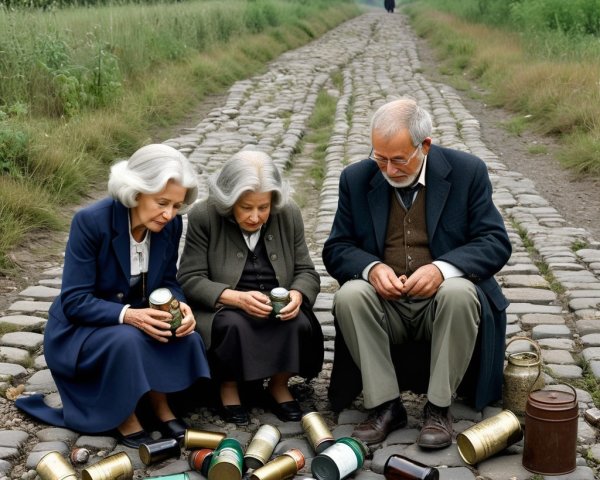 Elderly Trio Examining Jars in Overgrown Landscape