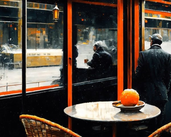 Cozy café with snowy street view and orange on table