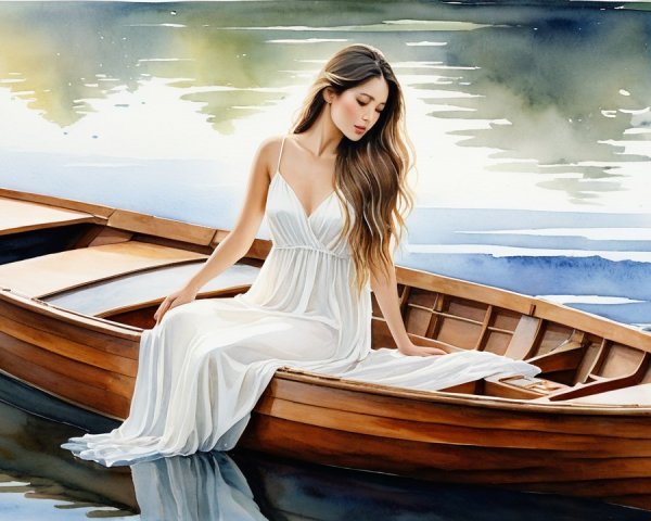 Watercolor Painting of Woman in Rowboat on Calm Water