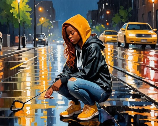 Young woman in yellow jacket on rainy city street