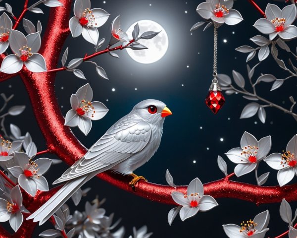 Serene Night Scene with Silver Bird and Red Tree