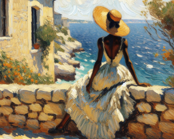 Woman in White Dress Sitting by Serene Sea Landscape