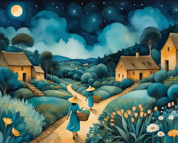 Nighttime Walk of Two Women in Blue Dresses