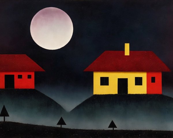 Night Scene with Stylized Houses and Glowing Moon
