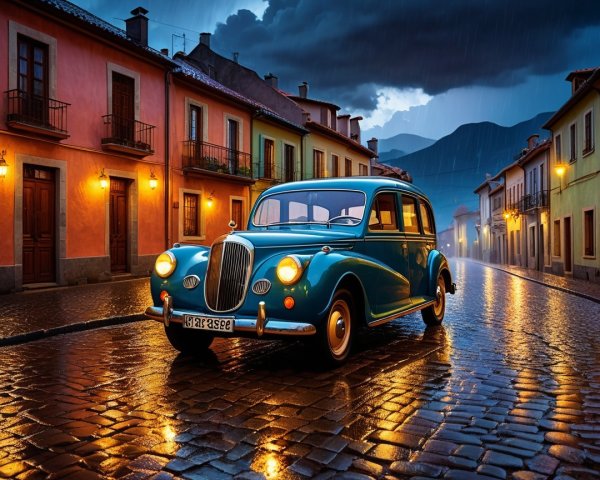 Vintage Blue Car on Cobblestone Street at Dusk