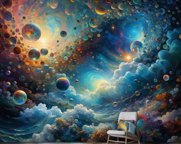 Cosmic Mural Featuring Galaxies and Vibrant Planets