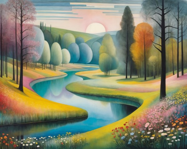 Serene Landscape with Winding River and Wildflowers