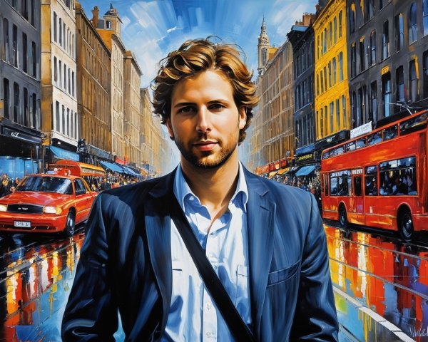 Young Man in Vibrant Cityscape with Rain-Soaked Pavement
