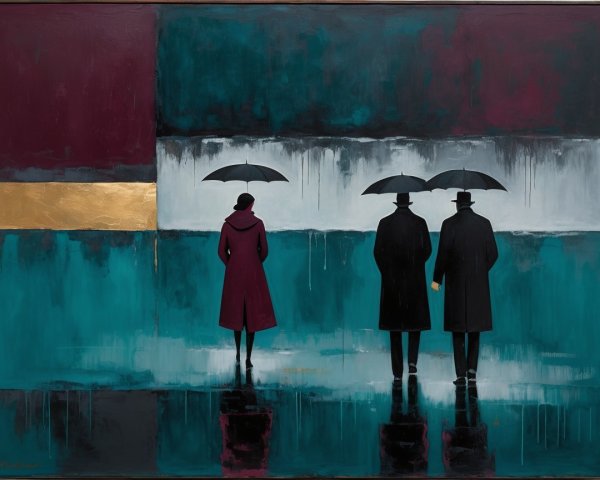 Three Figures with Umbrellas in Rainy Setting