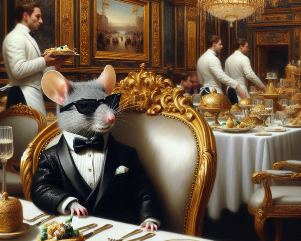 Whimsical Portrait of a Tuxedo-Clad Rat at Banquet