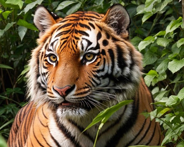 Majestic tiger in lush green habitat with striking fur