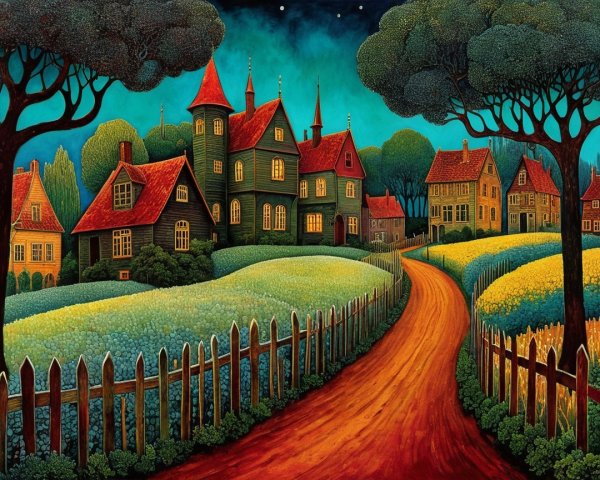 Vibrant Landscape with Winding Road and Charming Houses