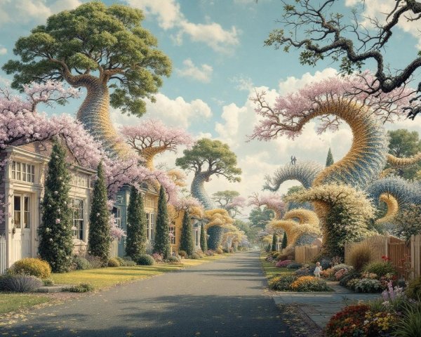 Surreal Street with Whimsical Houses and Trees