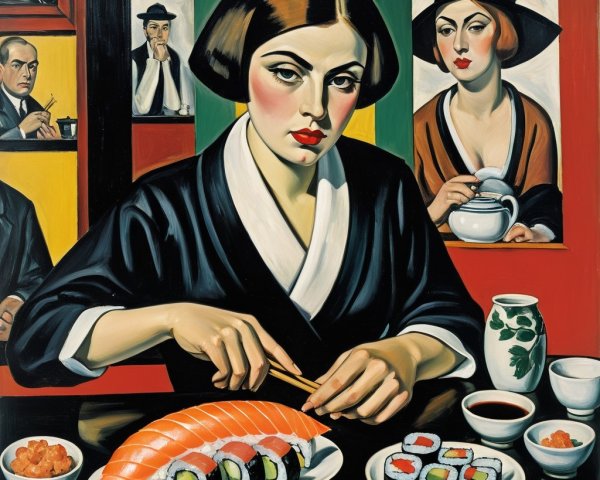 Woman Prepares Sushi with Chopsticks in Colorful Setting