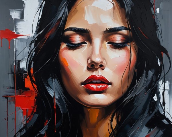 Close-up Portrait of a Woman with Dark Hair and Red Lips
