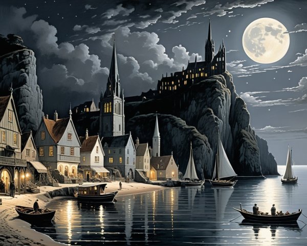 Coastal Village Under Full Moon with Charming Houses