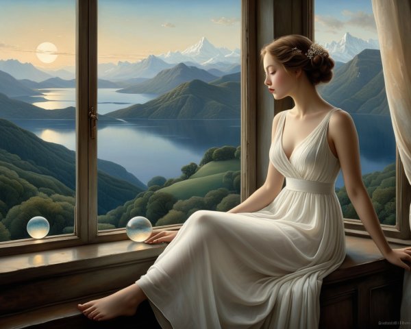 Serene Room with Woman in White Dress and Lake View