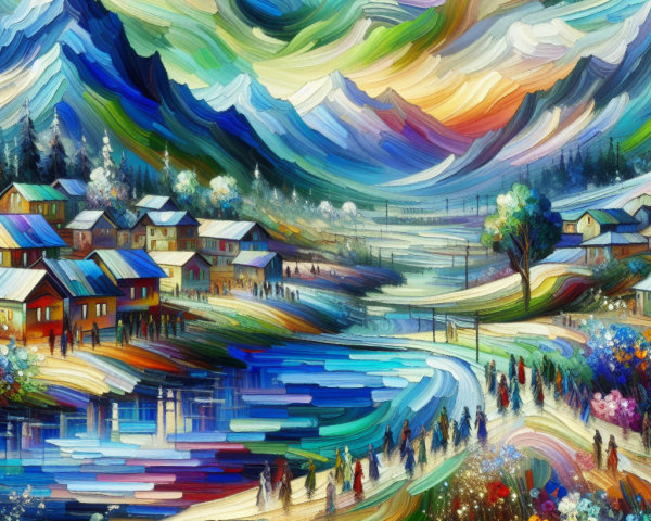 Vibrant Landscape with Colorful Houses and Hills