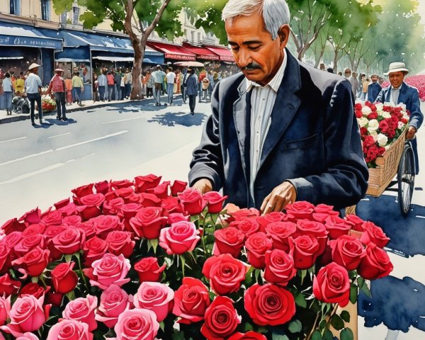 Street Scene with Flower Vendor and Community Atmosphere
