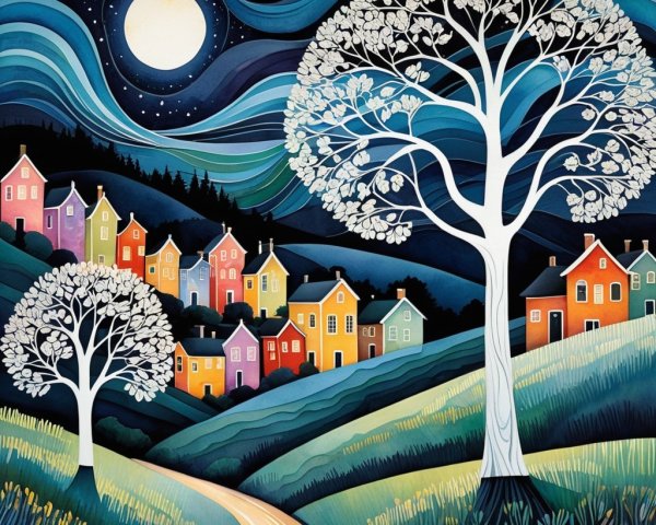 Whimsical Night Scene with Colorful Village and Moon