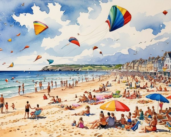 Vibrant Beach Scene with Sunbathers and Kites