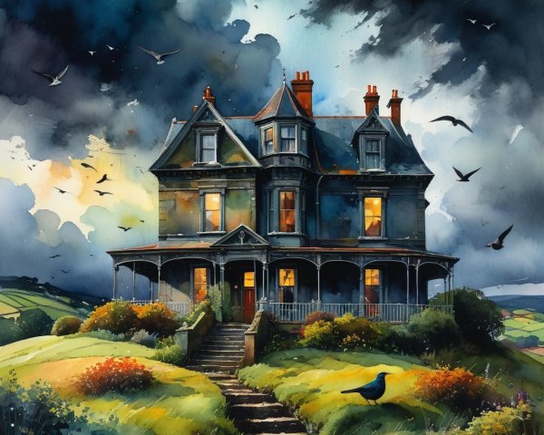 Victorian Mansion on Hill Surrounded by Gardens and Storm