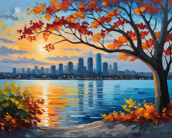 Vibrant Cityscape at Sunset with Impasto Technique