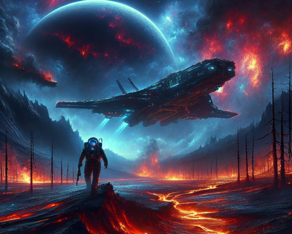 Astronaut on Volcanic Landscape with Futuristic Spaceship