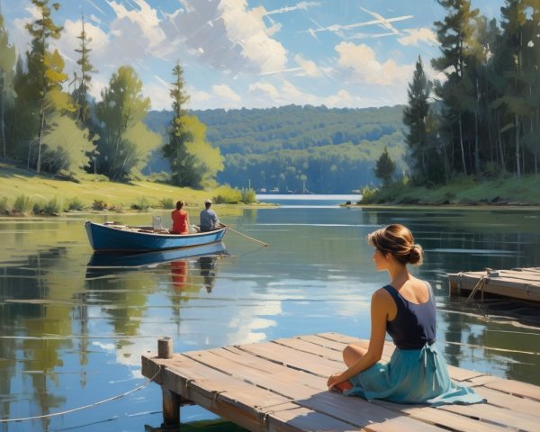 Lakeside Scene with Woman and Rowing Boat